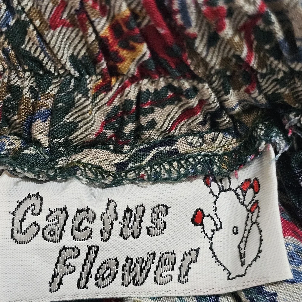 Cactus Flower Rare Vintage Midi Skirt Flowy Elastic  Waist 90s Made In USA M - Picture 10 of 11